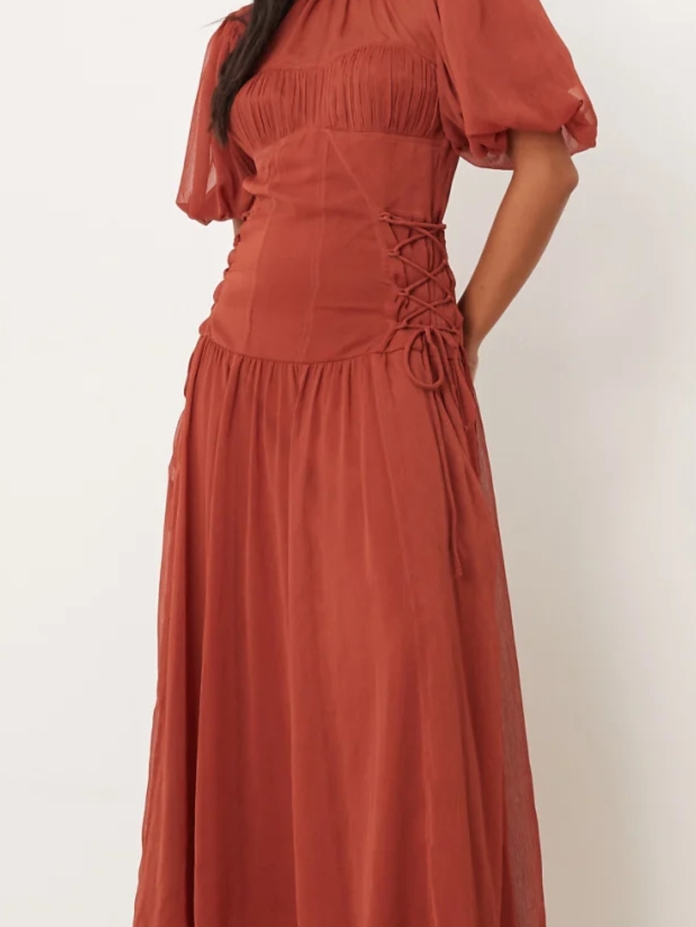 ASOS Rust-Red Puff Sleeve Lace-Up Maxi Dress